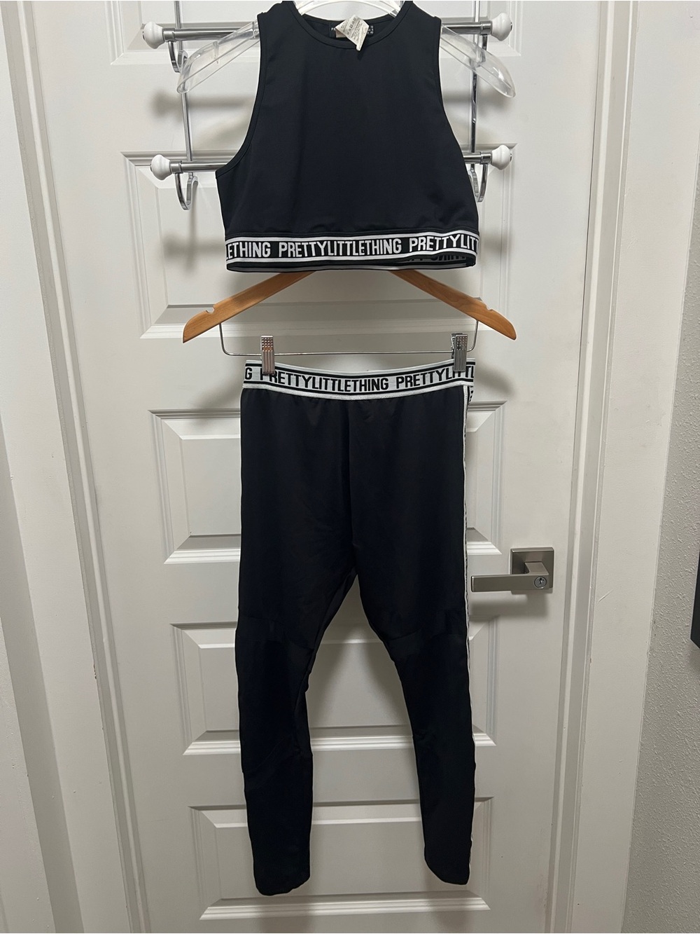 PrettyLittleThing Black Girls' Branded Active Crop Top & Leggings Set